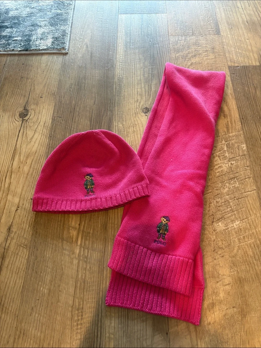 Polo by Ralph Lauren Hot Pink Knit Hat and Scarf Set with Polo Bear